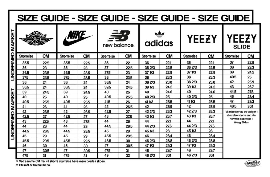 Size guide chart for various sneaker brands including Nike, New Balance, Adidas, and Yeezy.